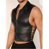 imageOYOANGLE Mens Faux Leather Tank Tops Sleeveless Fitted Muscle Undershirt Button Down Vest Top NightwearBlack