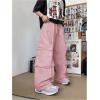 imageOYOANGLE Mens Flap Pocket Side Wide Leg Baggy Pants Drawstring Elastic Waisted Solid Trendy TrousersPink
