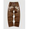 imageOYOANGLE Mens Graphic Print Drawstring Waist Baggy Sweatpants Loose Straight Leg Pants with PocketBrown