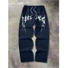 imageOYOANGLE Mens Graphic Print Drawstring Waist Baggy Sweatpants Loose Straight Leg Pants with PocketDark Blue
