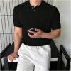 imageOYOANGLE Mens Knitted Short Sleeve Golf Shirts Collared Neck Summer Business Casual T ShirtsBlack