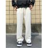 imageOYOANGLE Mens Letter Patch Side Split Drawstring Waist Sweatpants Textured Pockets Straight Leg PantsBeige