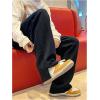imageOYOANGLE Mens Letter Patch Side Split Drawstring Waist Sweatpants Textured Pockets Straight Leg PantsBlack Ink
