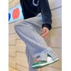 imageOYOANGLE Mens Letter Patch Side Split Drawstring Waist Sweatpants Textured Pockets Straight Leg PantsGrey
