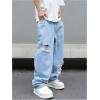 imageOYOANGLE Mens Ripped Distressed Jeans Wide Leg Casual Long Denim Pants with PocketLight Wash