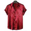 imageOYOANGLE Mens Satin Floral Print Button Down Front Lapel Collar Solid Short Sleeve ShirtBurgundy