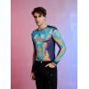 imageOYOANGLE Mens See Through Long Sleeve Round Neck T Shirts Sheer Mesh Partywear Rave Crop TopsBlue Multi