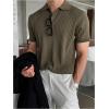 imageOYOANGLE Mens Short Sleeve Collared Shirts Button Front Ribbed Knit Solid Shirt TopArmy Green