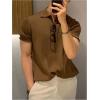 imageOYOANGLE Mens Short Sleeve Collared Shirts Button Front Ribbed Knit Solid Shirt TopBrown