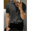 imageOYOANGLE Mens Short Sleeve Collared Shirts Button Front Ribbed Knit Solid Shirt TopGrey