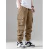 imageOYOANGLE Mens Solid Drawstring Waist Flap Pocket Streetwear Cargo Pants Sports Outdoor Jogger TrousersKhaki