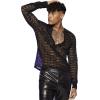 imageOYOANGLE Mens Solid Hollow Out See Through Party Clubwear Long Sleeve V Neck Shirt TopBlack