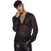 imageOYOANGLE Mens Solid Hollow Out See Through Party Clubwear Long Sleeve V Neck Shirt TopBlack