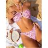 imageOYOANGLE Womens 2 Piece Floral Print Bikini Swimsuits Halter Ring Linked Lace Trim High Cut Ruched Bathing SuitsPink