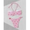 imageOYOANGLE Womens 2 Piece Floral Print Bikini Swimsuits Halter Ring Linked Lace Trim High Cut Ruched Bathing SuitsPink