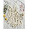 imageOYOANGLE Womens 2 Piece Graphic Print Pajama Set Contrast Lace Bow Front Ruffled Hem Cami Top and Shorts Lounge SetsBeige