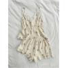 imageOYOANGLE Womens 2 Piece Graphic Print Pajama Set Contrast Lace Bow Front Ruffled Hem Cami Top and Shorts Lounge SetsBeige