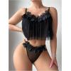 imageOYOANGLE Womens 2 Piece Lingerie Babydoll Floral Appliques Sheer Mesh Bra and Low Rise Thong SetBlack