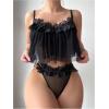 imageOYOANGLE Womens 2 Piece Lingerie Babydoll Floral Appliques Sheer Mesh Bra and Low Rise Thong SetBlack