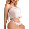imageOYOANGLE Womens 2 Piece Lingerie Babydoll Floral Appliques Sheer Mesh Bra and Low Rise Thong SetWhite