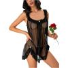imageOYOANGLE Womens 2 Piece Mesh Sheer Floral Lace Babydoll Slip Dress Nightgowns and Thong Lingerie SetBlack