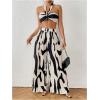 imageOYOANGLE Womens 2 Piece Outfits Graphic Print Knitted Crop Halter Top and Wide Leg Pants SetBlack