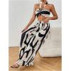 imageOYOANGLE Womens 2 Piece Outfits Graphic Print Knitted Crop Halter Top and Wide Leg Pants SetBlack