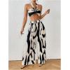 imageOYOANGLE Womens 2 Piece Outfits Graphic Print Knitted Crop Halter Top and Wide Leg Pants SetBlack