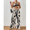 imageOYOANGLE Womens 2 Piece Outfits Graphic Print Knitted Crop Halter Top and Wide Leg Pants SetBlack