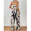 imageOYOANGLE Womens 2 Piece Outfits Graphic Print Knitted Crop Halter Top and Wide Leg Pants SetBlack