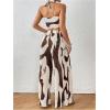 imageOYOANGLE Womens 2 Piece Outfits Graphic Print Knitted Crop Halter Top and Wide Leg Pants SetBrown