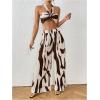 imageOYOANGLE Womens 2 Piece Outfits Graphic Print Knitted Crop Halter Top and Wide Leg Pants SetBrown