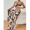 imageOYOANGLE Womens 2 Piece Outfits Graphic Print Knitted Crop Halter Top and Wide Leg Pants SetBrown