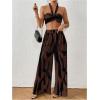 imageOYOANGLE Womens 2 Piece Outfits Graphic Print Knitted Crop Halter Top and Wide Leg Pants SetChocolate Brown