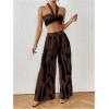 imageOYOANGLE Womens 2 Piece Outfits Graphic Print Knitted Crop Halter Top and Wide Leg Pants SetChocolate Brown
