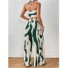 imageOYOANGLE Womens 2 Piece Outfits Graphic Print Knitted Crop Halter Top and Wide Leg Pants SetDark Green