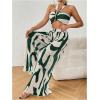imageOYOANGLE Womens 2 Piece Outfits Graphic Print Knitted Crop Halter Top and Wide Leg Pants SetDark Green