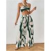 imageOYOANGLE Womens 2 Piece Outfits Graphic Print Knitted Crop Halter Top and Wide Leg Pants SetDark Green