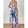imageOYOANGLE Womens 2 Piece Outfits Graphic Print Knitted Crop Halter Top and Wide Leg Pants SetRoyal Blue