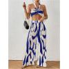 imageOYOANGLE Womens 2 Piece Outfits Graphic Print Knitted Crop Halter Top and Wide Leg Pants SetRoyal Blue