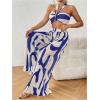 imageOYOANGLE Womens 2 Piece Outfits Graphic Print Knitted Crop Halter Top and Wide Leg Pants SetRoyal Blue