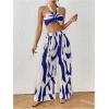 imageOYOANGLE Womens 2 Piece Outfits Graphic Print Knitted Crop Halter Top and Wide Leg Pants SetRoyal Blue