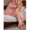 imageOYOANGLE Womens 2 Piece Pajama Set Satin Contrast Mesh Feather Trim Long Sleeve Belted Top and Pants Lounge SetsPink