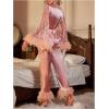 imageOYOANGLE Womens 2 Piece Pajama Set Satin Contrast Mesh Feather Trim Long Sleeve Belted Top and Pants Lounge SetsPink