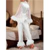 imageOYOANGLE Womens 2 Piece Pajama Set Satin Contrast Mesh Feather Trim Long Sleeve Belted Top and Pants Lounge SetsWhite