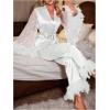 imageOYOANGLE Womens 2 Piece Pajama Set Satin Contrast Mesh Feather Trim Long Sleeve Belted Top and Pants Lounge SetsWhite