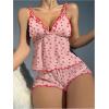 imageOYOANGLE Womens 2 Piece Pajama Sets Cheery Print V Neck Lettuce Edge Backless Cami Top and Shorts SetPink