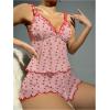 imageOYOANGLE Womens 2 Piece Pajama Sets Cheery Print V Neck Lettuce Edge Backless Cami Top and Shorts SetPink