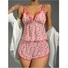 imageOYOANGLE Womens 2 Piece Pajama Sets Cheery Print V Neck Lettuce Edge Backless Cami Top and Shorts SetPink