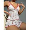 imageOYOANGLE Womens 2 Piece Pajamas Set Cherry Print Lettuce Trim Mesh Cami Top and Shorts Pjs Set SleepwearWhite